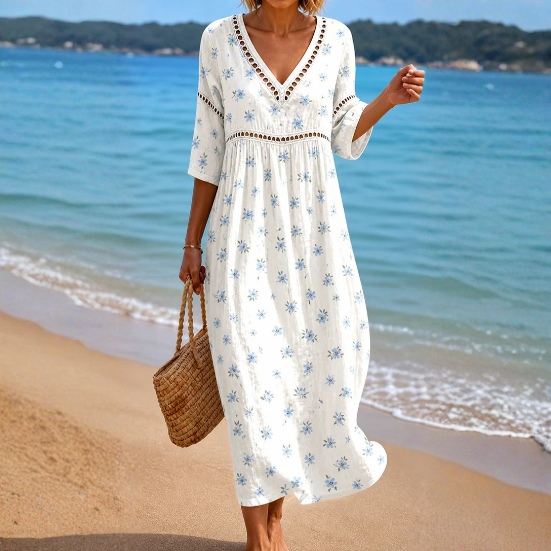 Soft Summer Midi Dress with Small Blue Flowers