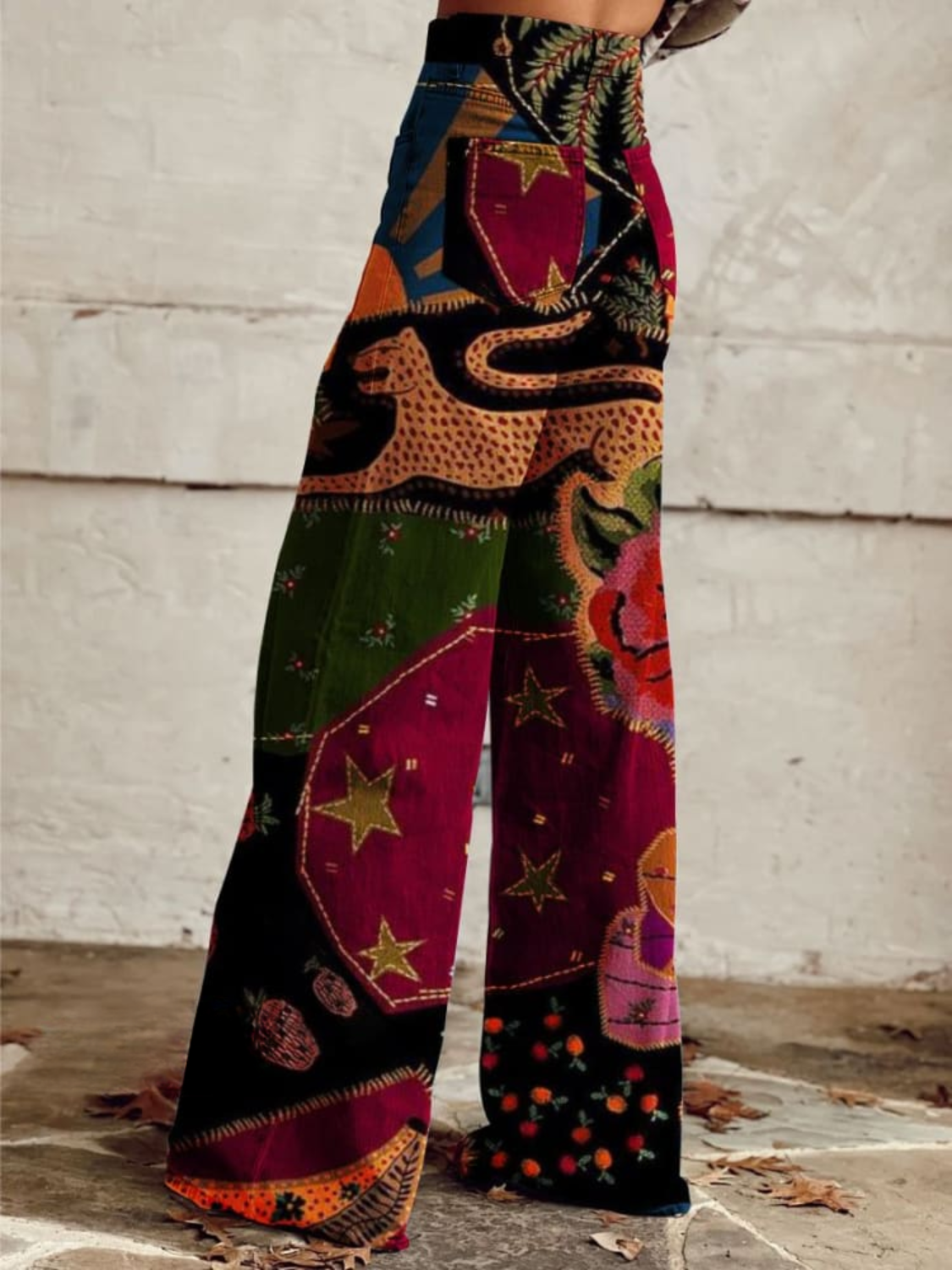 Women's Wide Leg Trousers with Vintage-Inspired Colourful Print - image 2