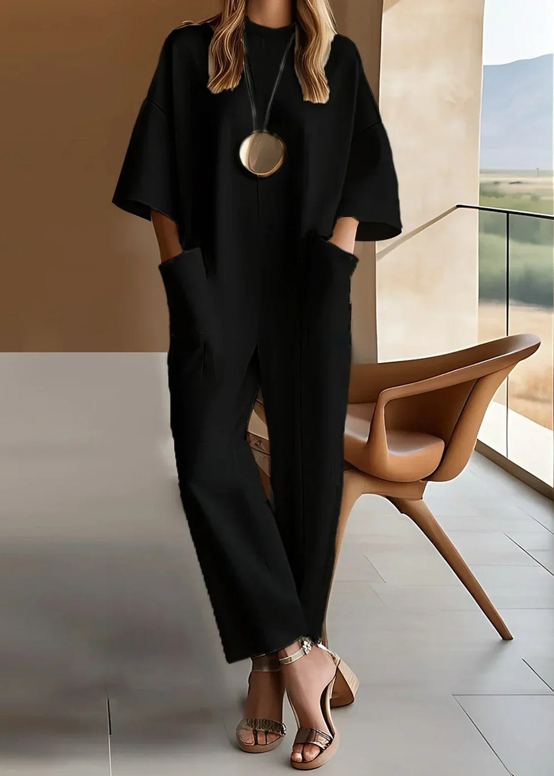 Women's Short Sleeve Jumpsuit with Straight Leg and Pendant Detail - image 2
