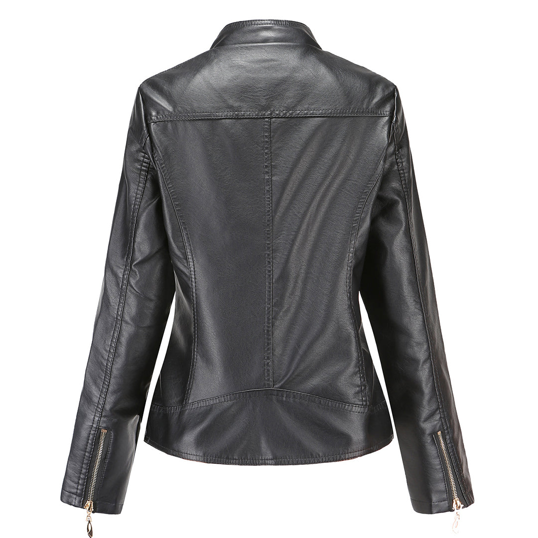 Women's Leather Look Zip Jacket with Buttoned Stand Collar and Zipped Pockets - image 10