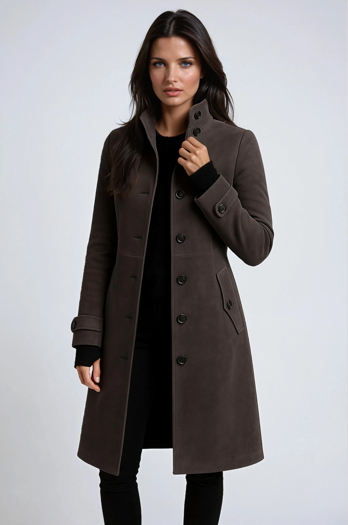 Women's Long Trench Coat with High Collar - image 3