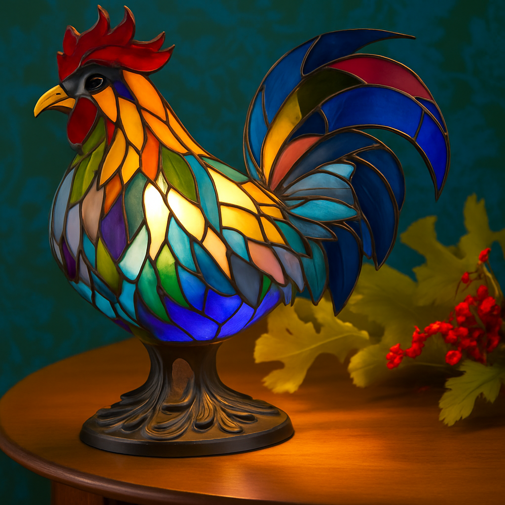 Rooster-Shaped Coloured Glass Lamp