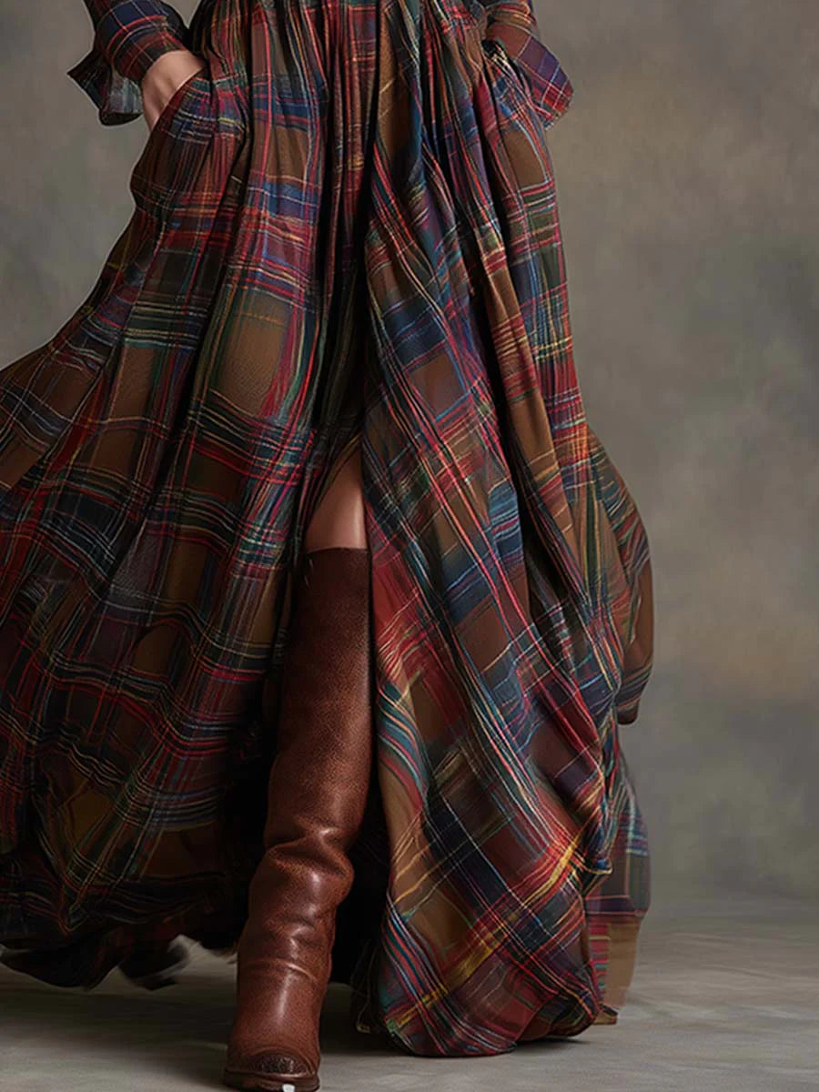 Béatrice | Long Checkered Dress with Belt