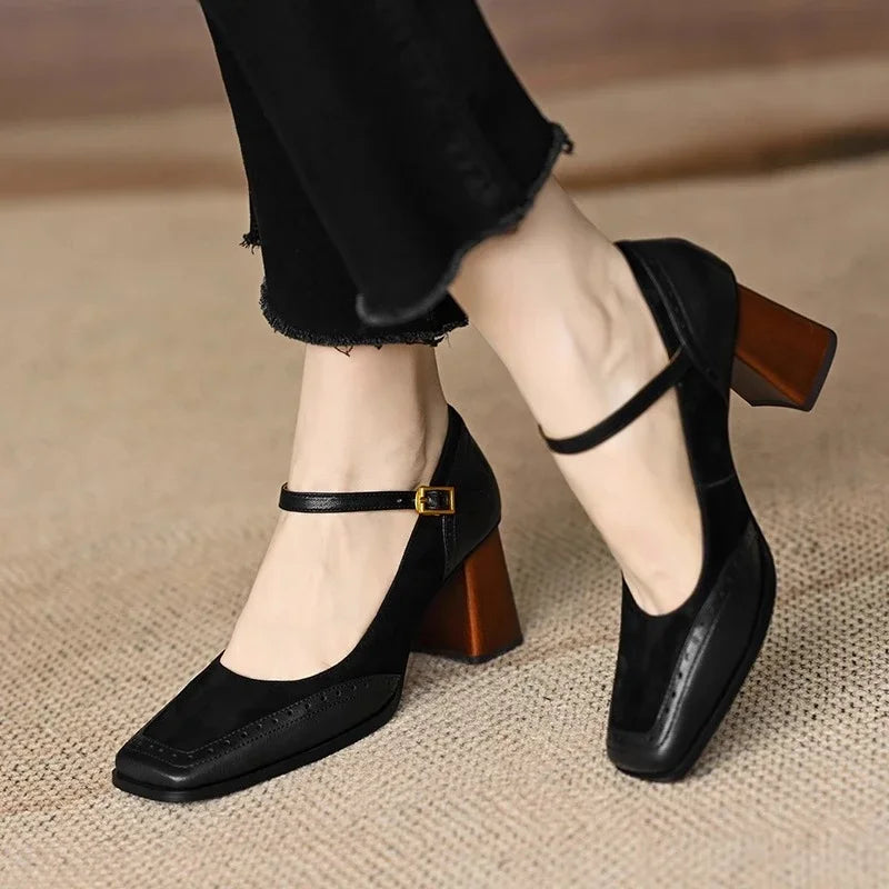 Beatrix | Square-Toe Block Heel Pumps with Ankle Strap