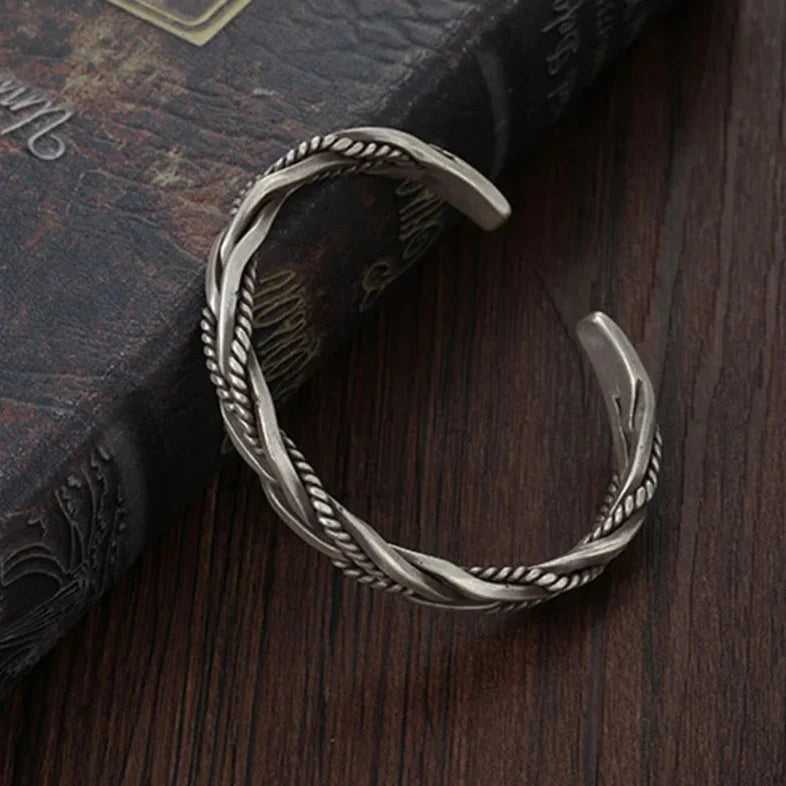 Men's Silver-Tone Braided Cuff Bracelet with Open Adjustable Cuff and Oxidised Finish - image 6