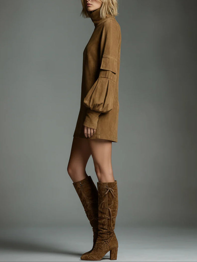 Bibiane | Oversized Mini Dress in Suede-Like Fabric with High Collar