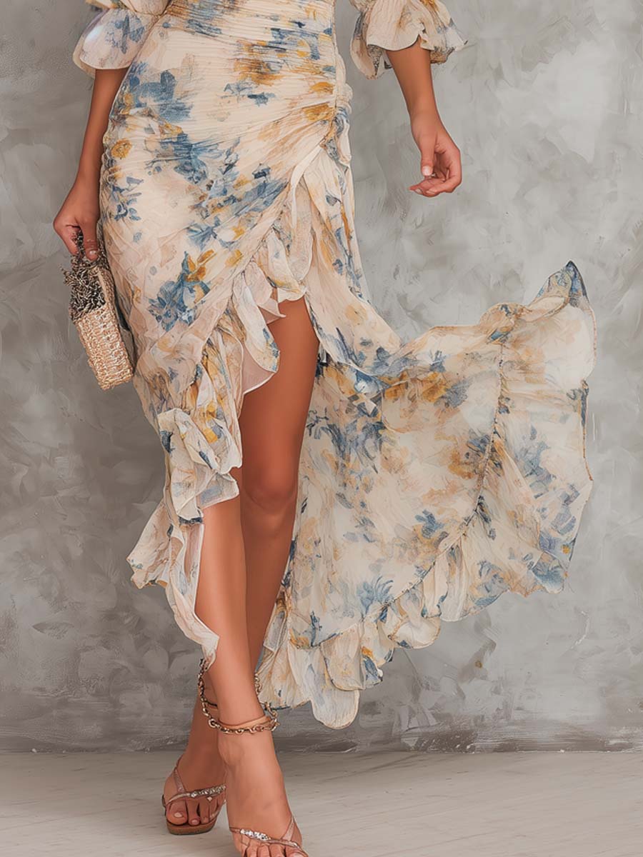 Beige High Neck Chiffon Maxi Dress with Floral Print
