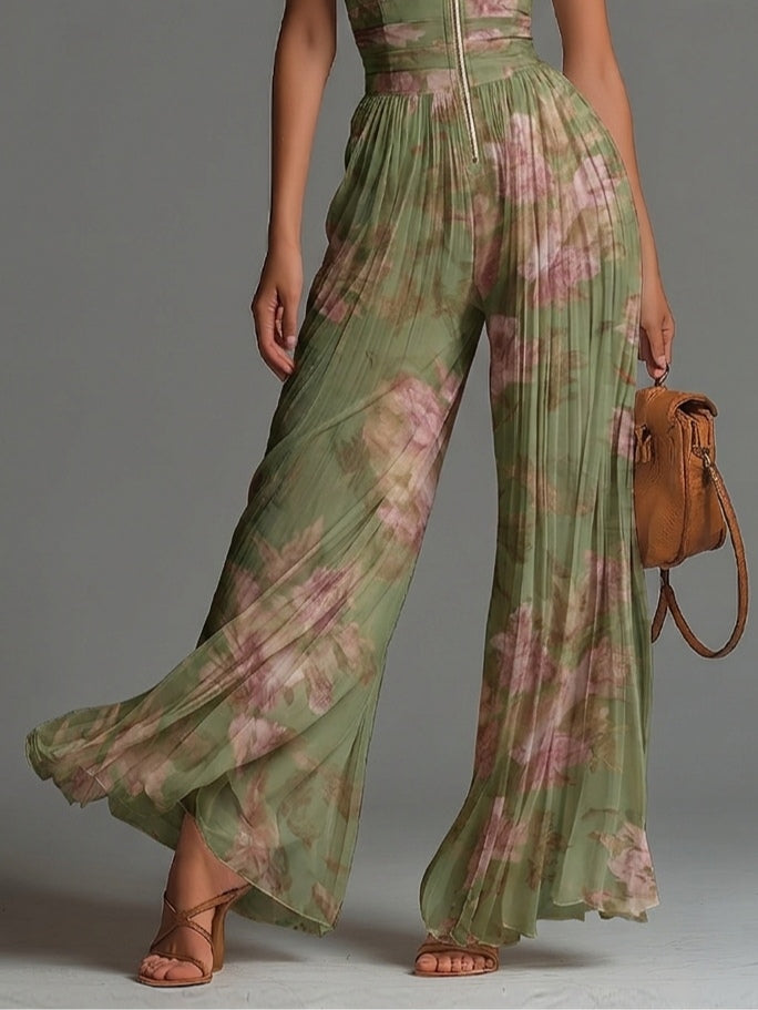 Green Floral Chiffon Jumpsuit with V-Neck, Sleeveless, with Zip and Wide Leg Trousers