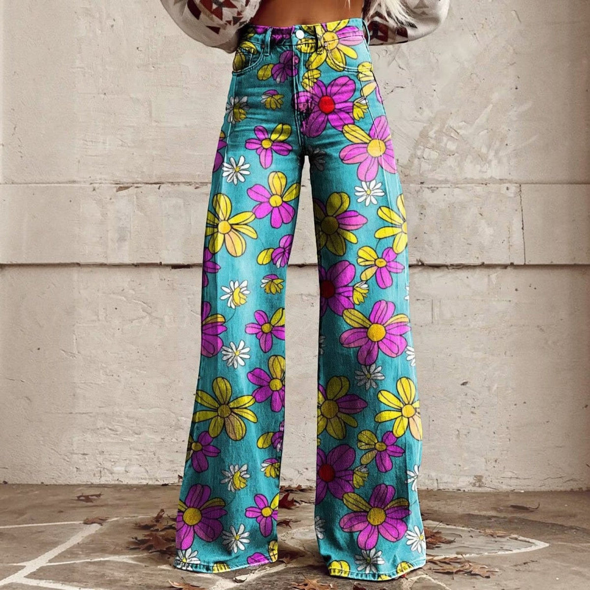 Women's High Waisted Floral Bell Bottom Trousers - image 7