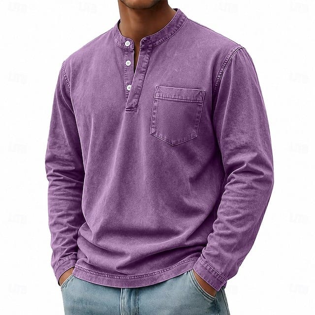 Men's Long Sleeve Henley Top with Stand Collar - image 10