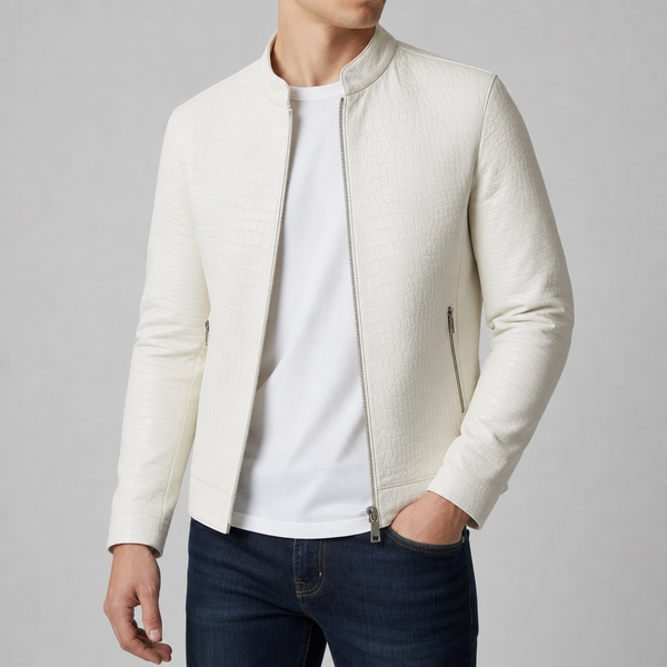 Men's Croc Effect Leather Look Jacket with Stand Collar and Zip Front - image 1