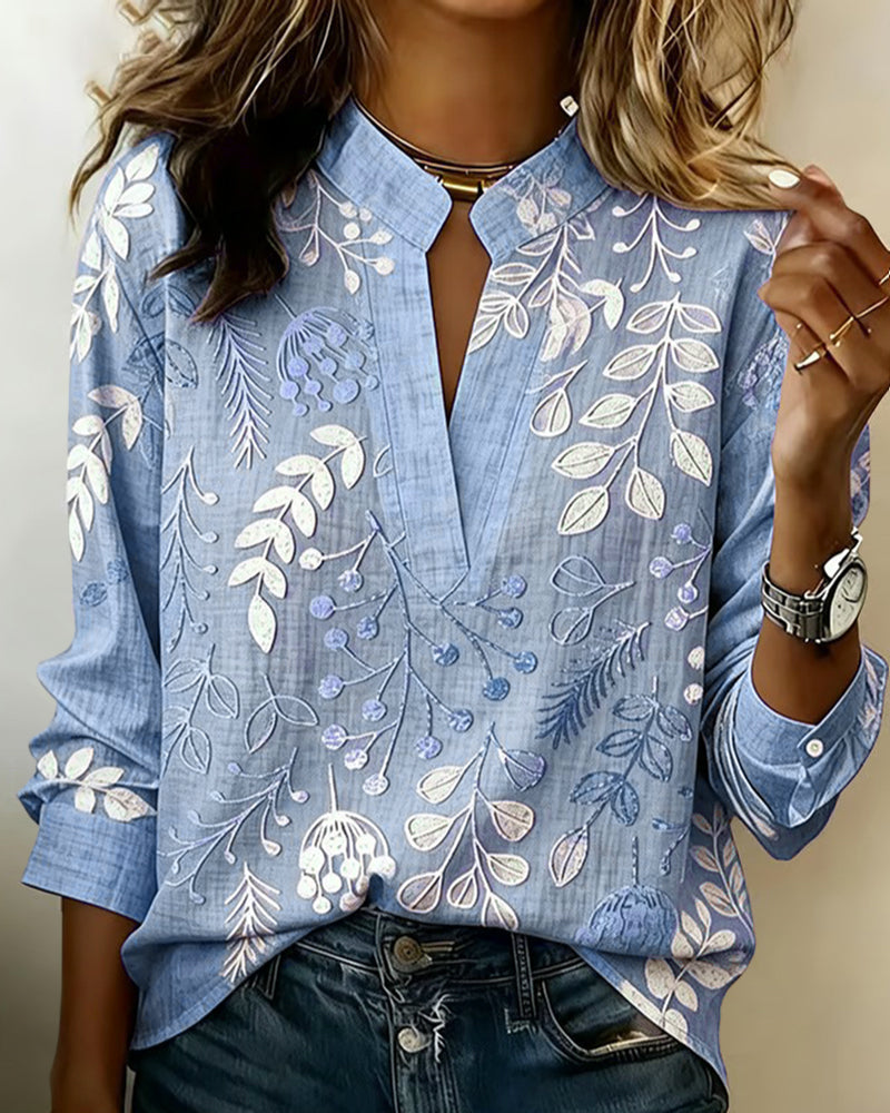 LILIANE™ - Botanical Print Open-Neck Blouse