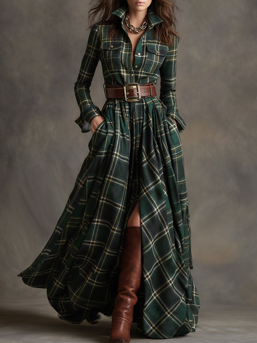 Women's Plaid Maxi Dress with Collar and Belt - image 2