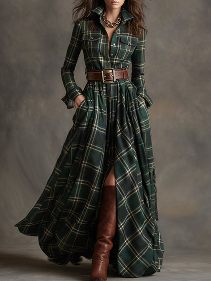 Women's Plaid Maxi Dress with Collar and Belt - image 2