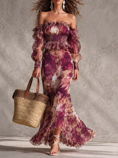 Pale Pink Off-Shoulder Maxi Chiffon Dress with Flowers
