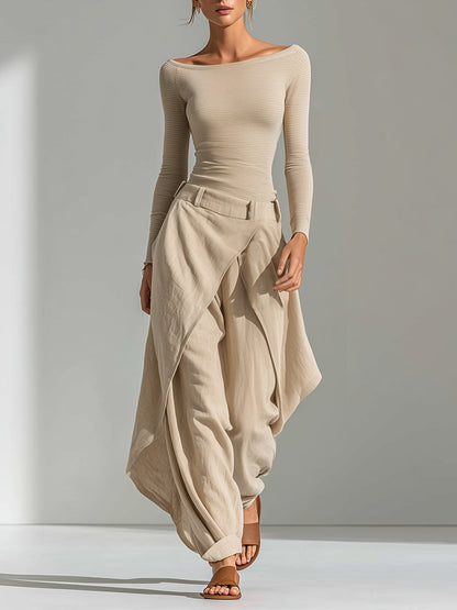 Éveline | Beige Boat Neck Top and Wide Ruffled Trousers Set