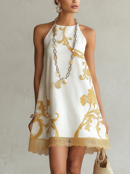 Héloïse | White Mini Lace Dress with Golden Patterns