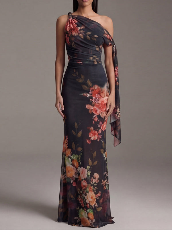 Maxi Pleated Chiffon Dress in Black with One Shoulder
