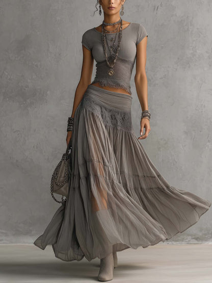 Grey Top in Sheer Lace with Panels and Pleated Maxi Skirt Set