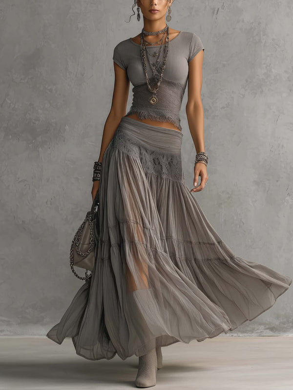 Grey Top in Sheer Lace with Panels and Pleated Maxi Skirt Set