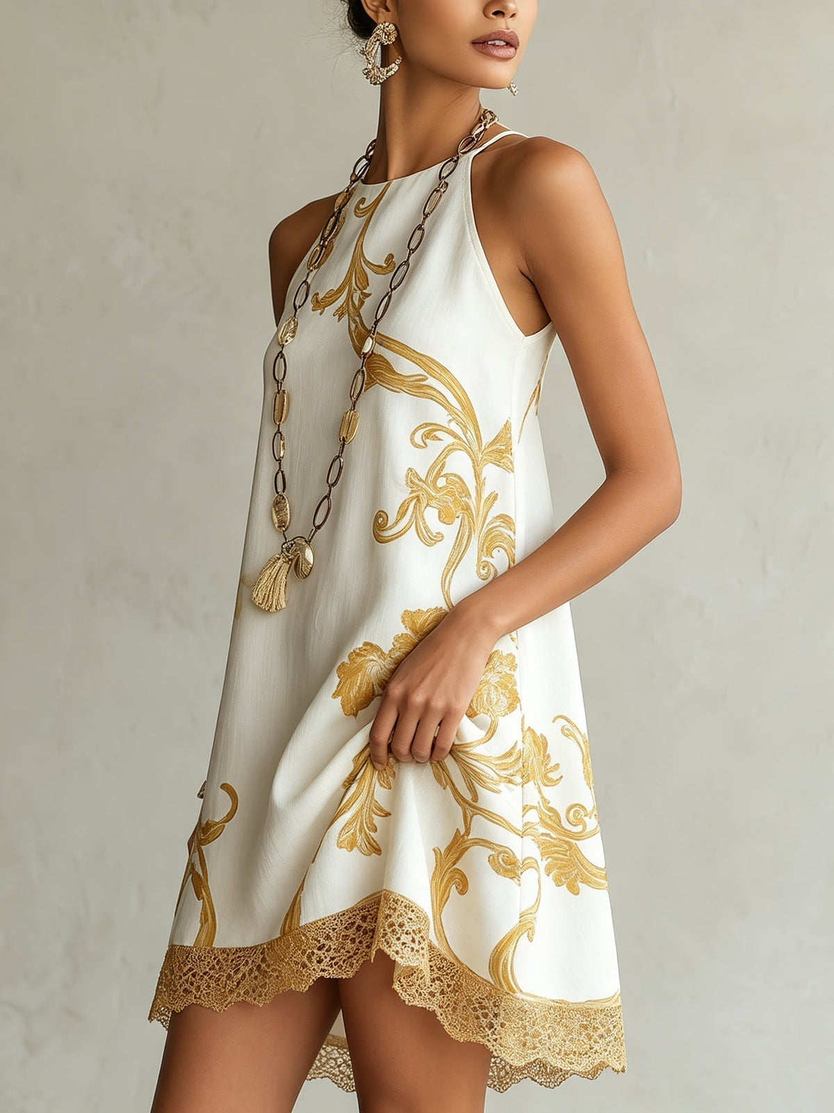 Héloïse | White Mini Lace Dress with Golden Patterns