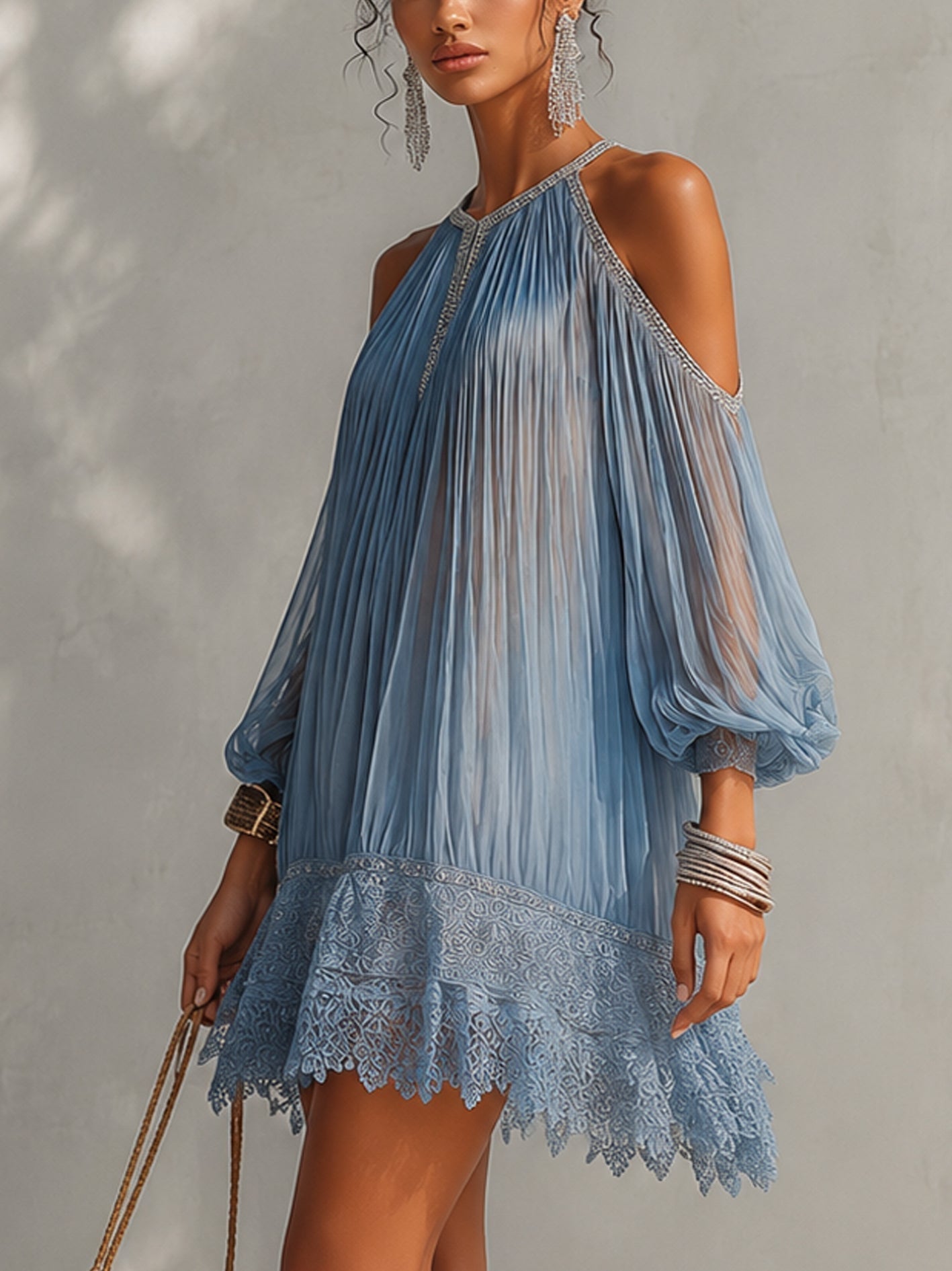Celeste | Mini Blue Dress with Off-the-Shoulder Design and Lace Hem