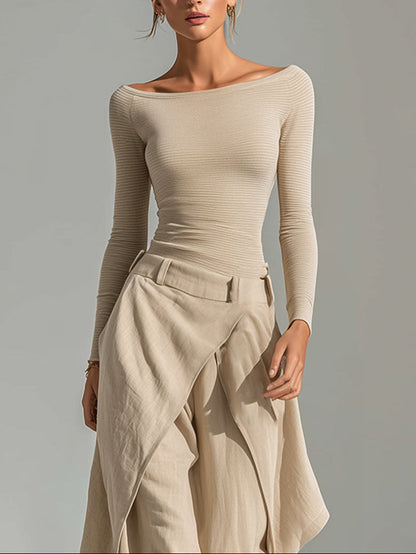 Delphine | Beige Boat Neck Top and Wide Ruffled Trousers