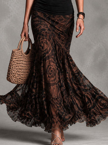 Retro Black Cami and Brown Printed Mesh Skirt Set