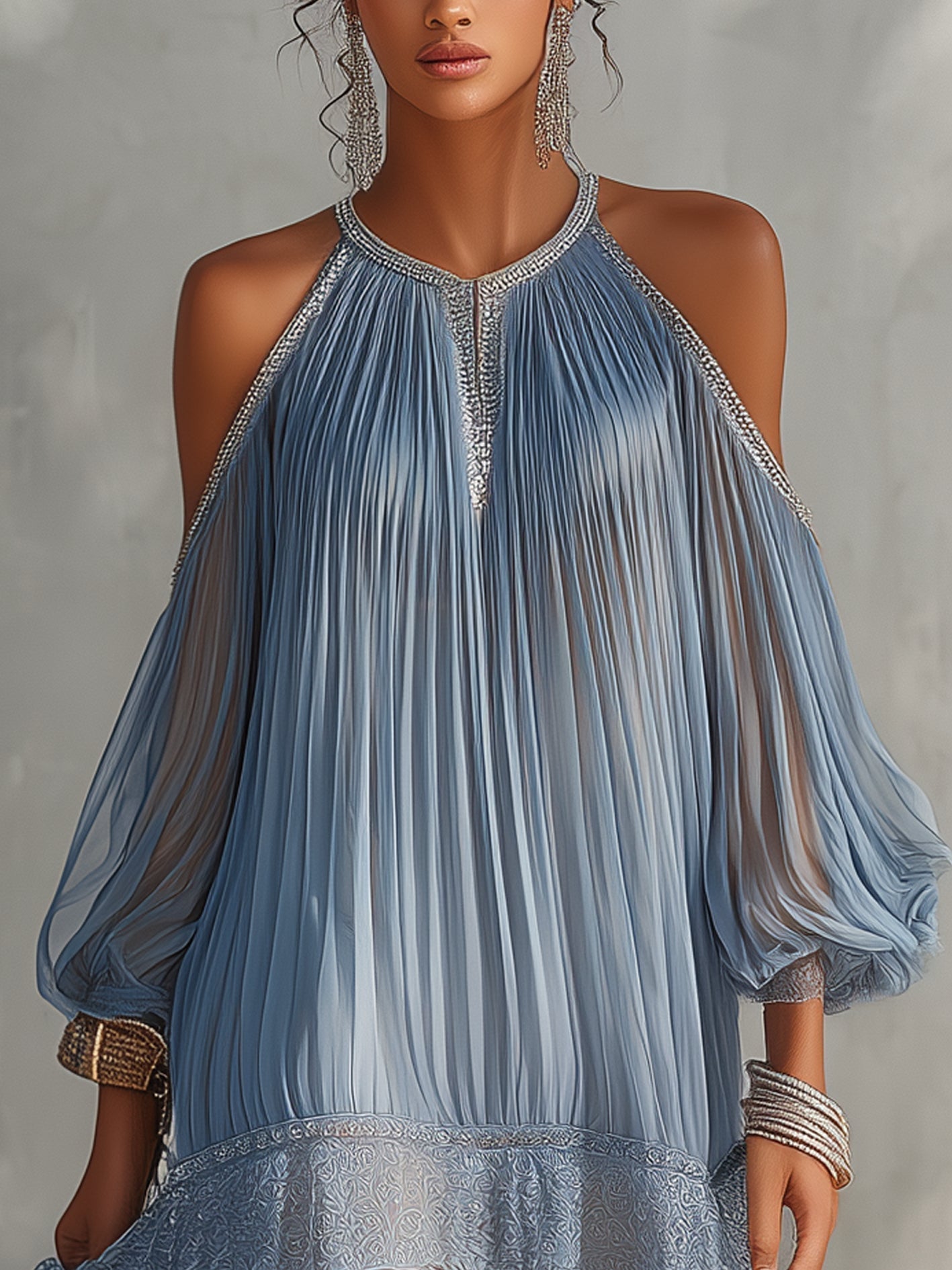 Celeste | Mini Blue Dress with Off-the-Shoulder Design and Lace Hem