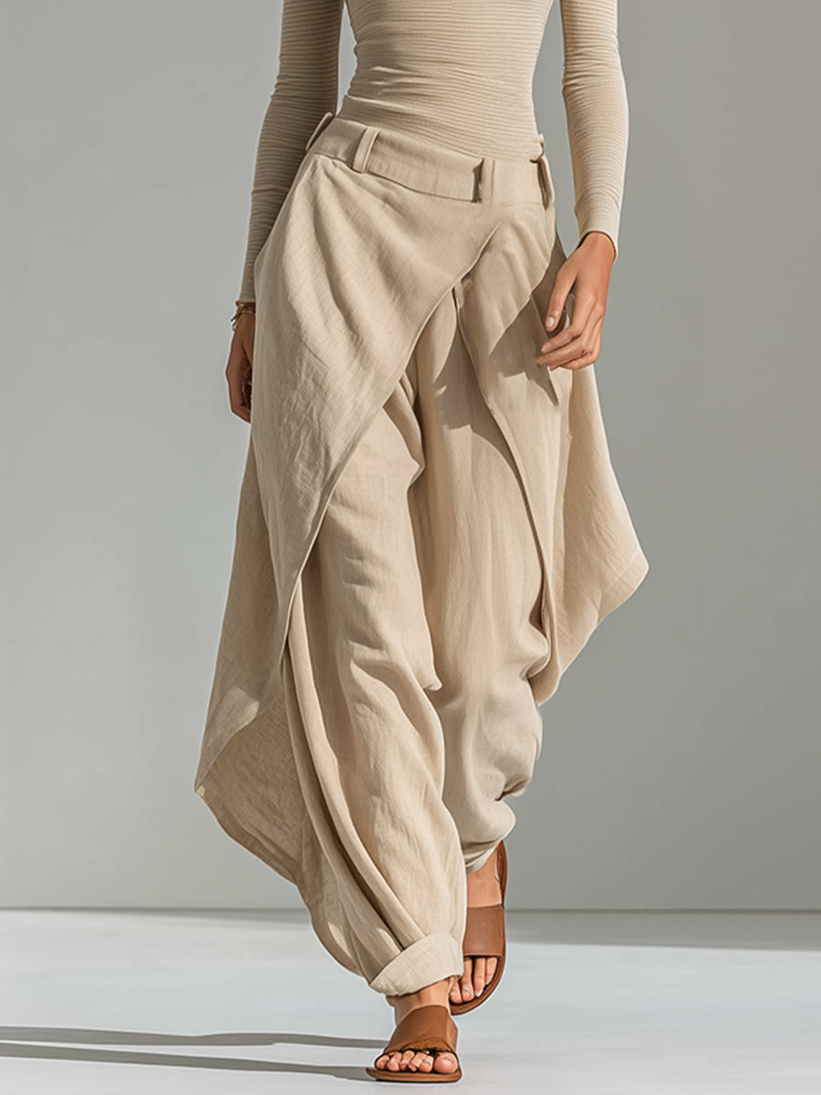 Delphine | Beige Boat Neck Top and Wide Ruffled Trousers