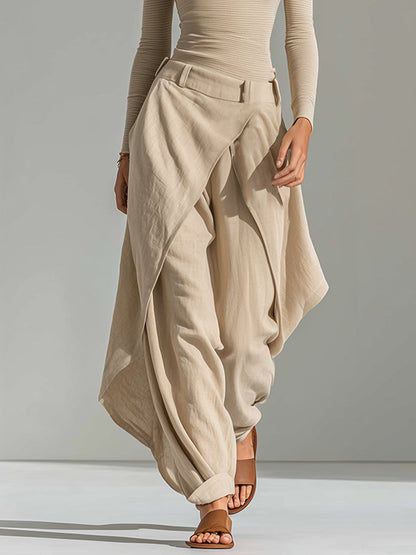 Delphine | Beige Boat Neck Top and Wide Ruffled Trousers