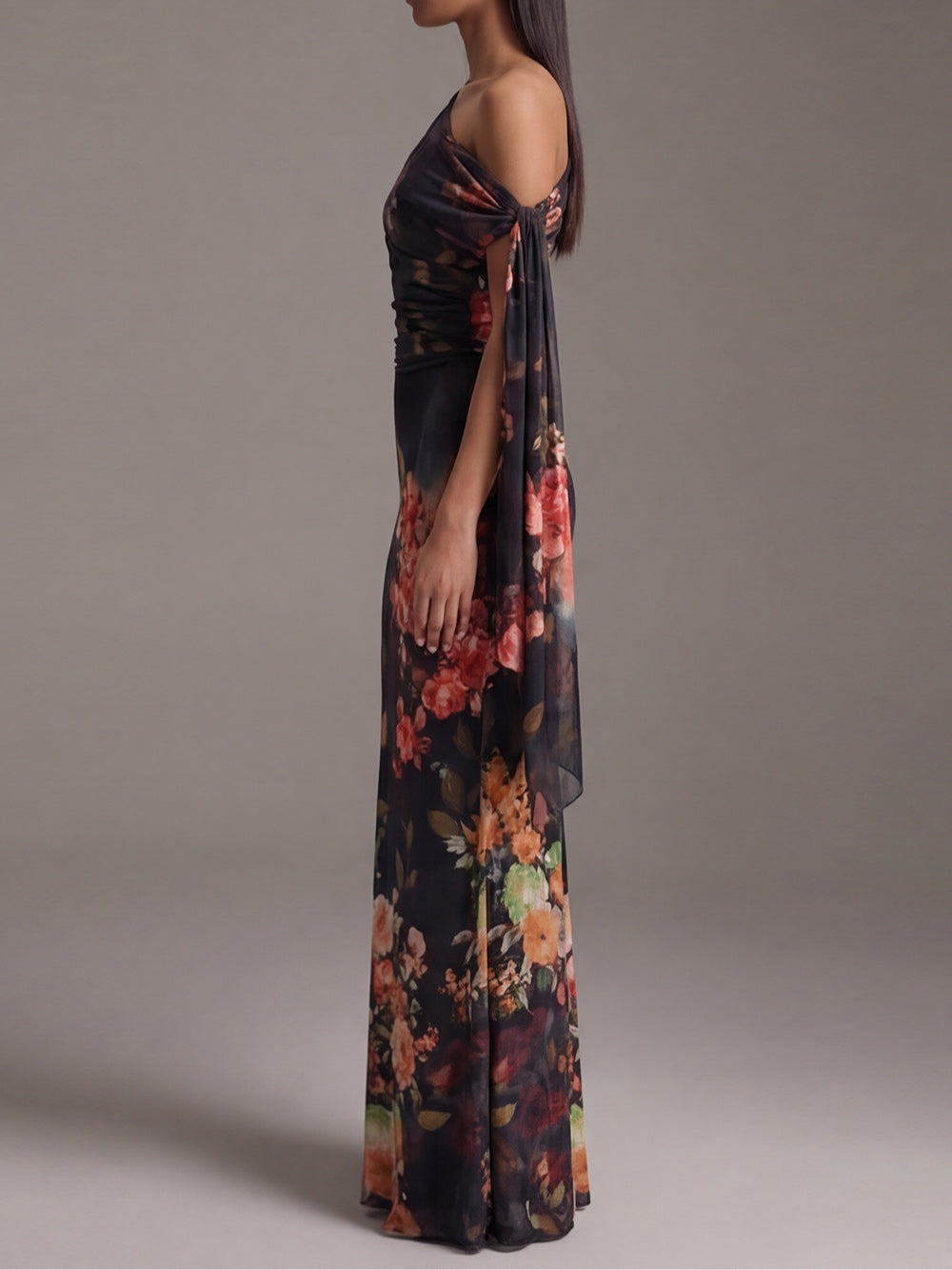 Maxi Pleated Chiffon Dress in Black with One Shoulder