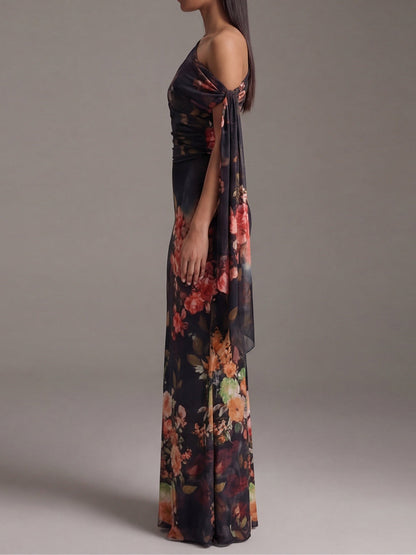 Maxi Pleated Chiffon Dress in Black with One Shoulder
