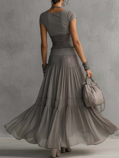 Grey Top in Sheer Lace with Panels and Pleated Maxi Skirt Set