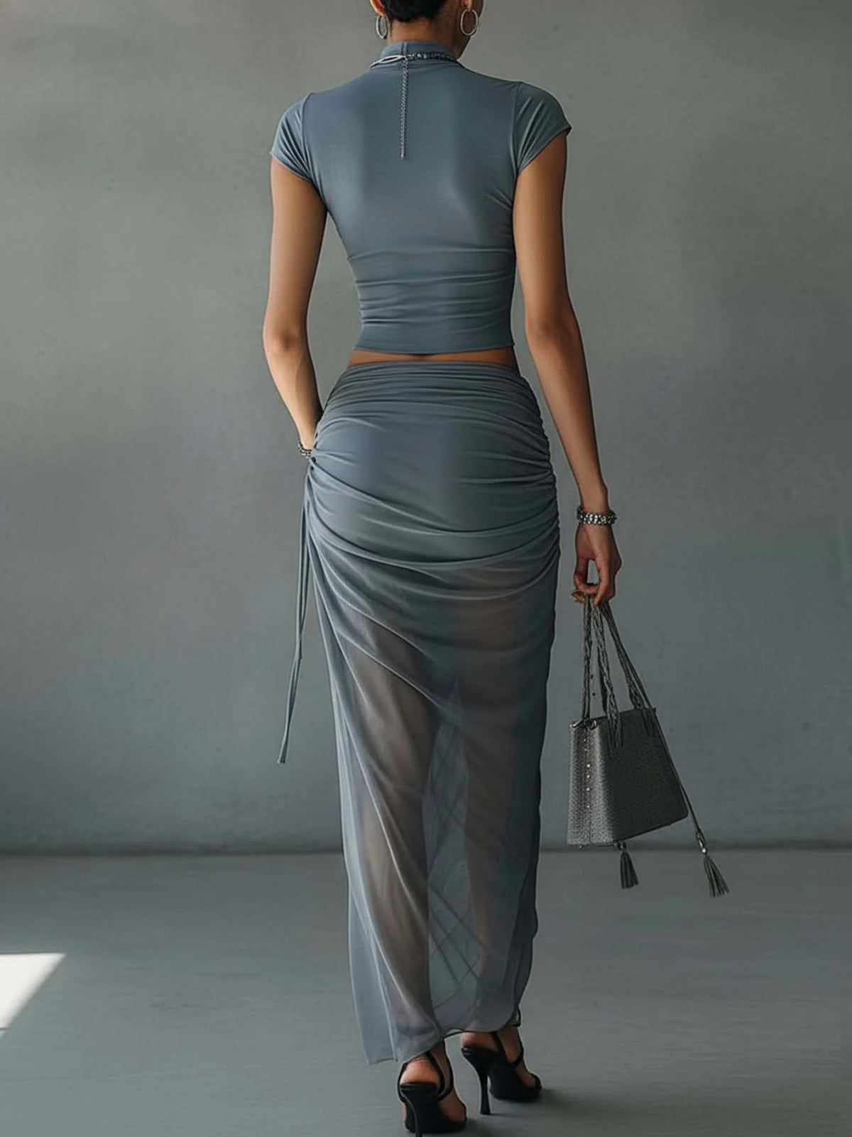 Set of Short Blue T-Shirts and Draped Skirt in Transparent Mesh