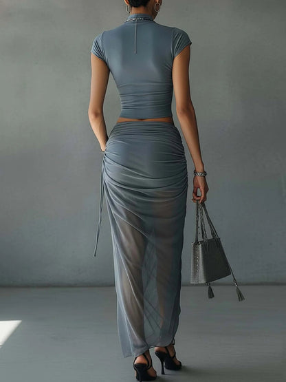 Set of Short Blue T-Shirts and Draped Skirt in Transparent Mesh