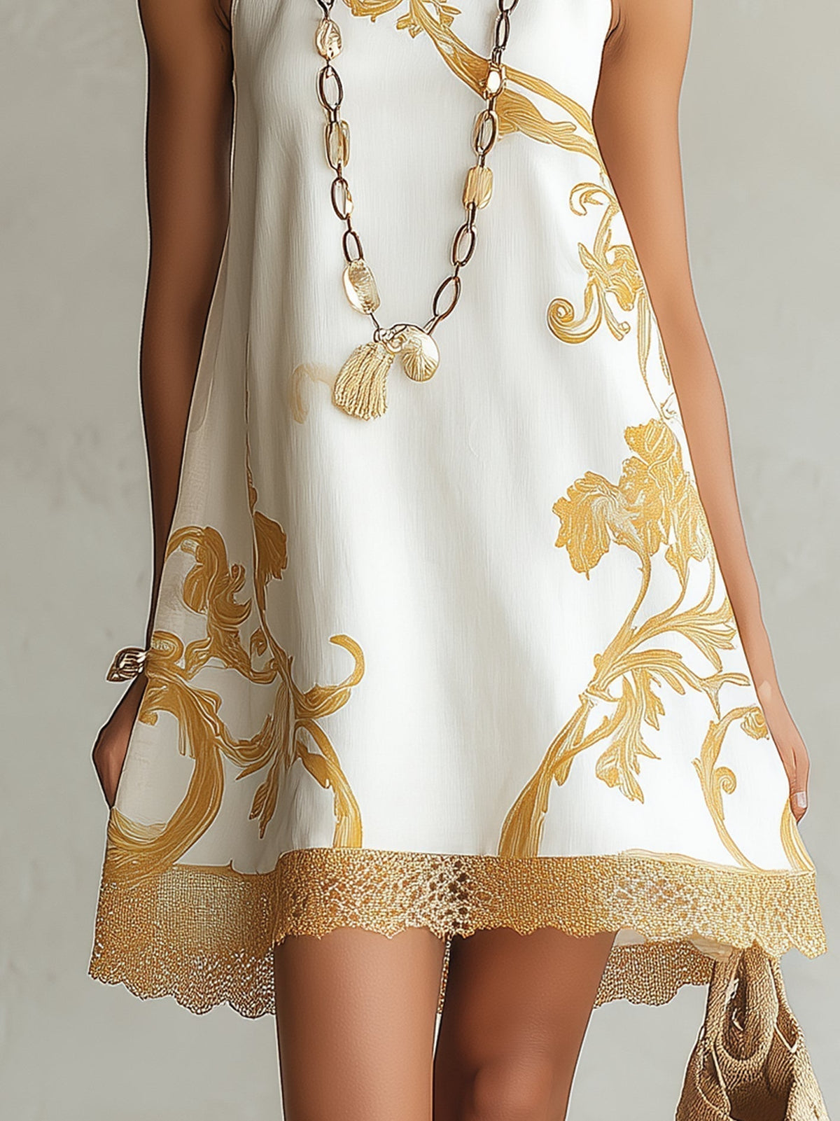 Héloïse | White Mini Lace Dress with Golden Patterns