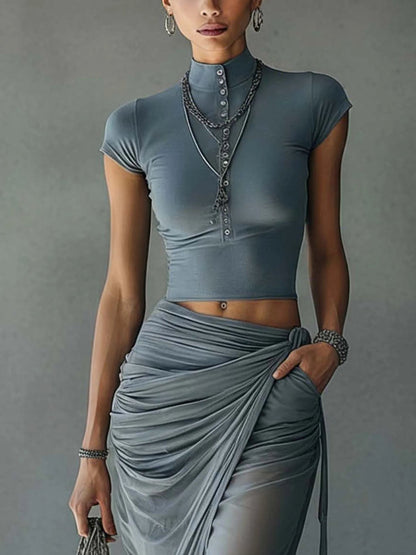 Set of Short Blue T-Shirts and Draped Skirt in Transparent Mesh