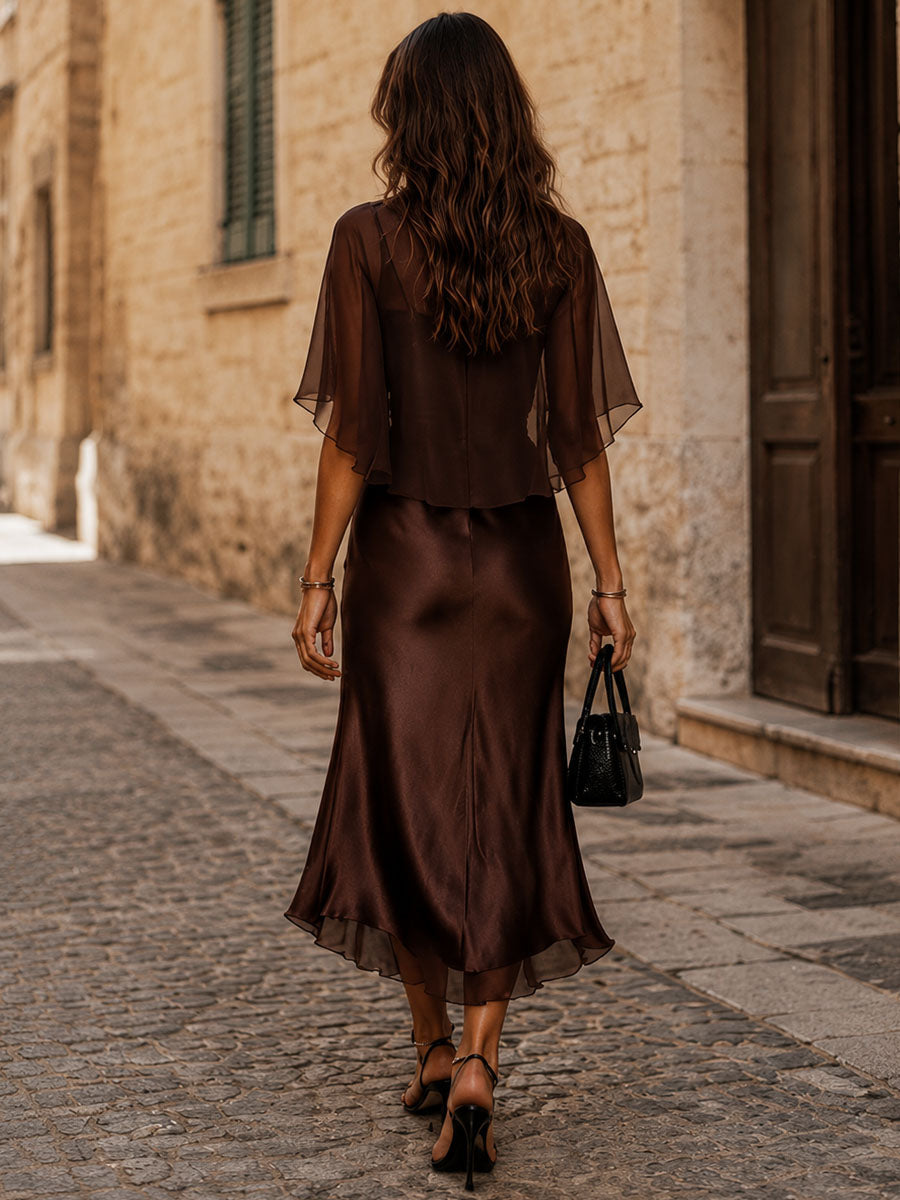 Brown Chiffon Blouse and Satin Midi Dress Two-Piece Set