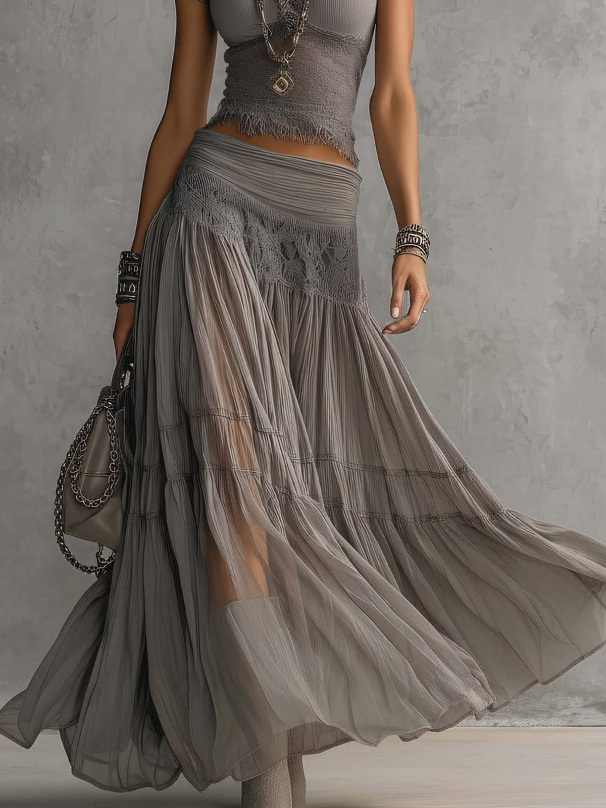 Grey Top in Sheer Lace with Panels and Pleated Maxi Skirt Set