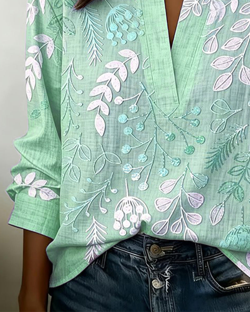 LILIANE™ - Botanical Print Open-Neck Blouse