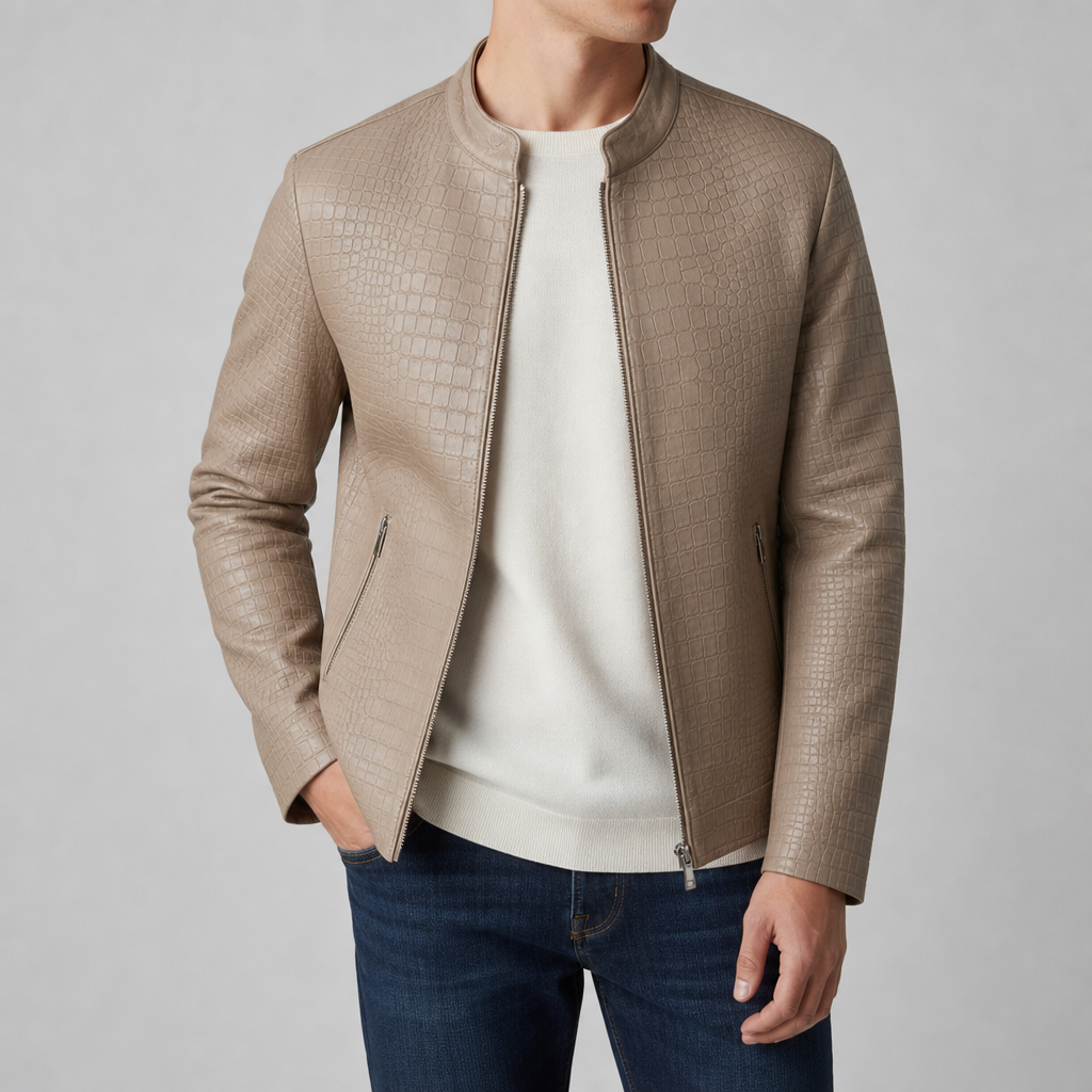Men's Croc Effect Leather Look Jacket with Stand Collar and Zip Front - image 2