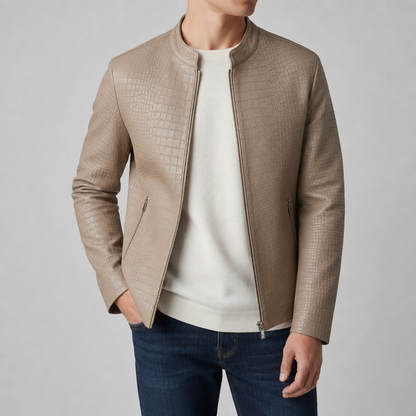 Men's Croc Effect Leather Look Jacket with Stand Collar and Zip Front - image 2
