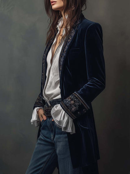 Athénaïs | Vintage Navy Blue Embroidered Long Jacket