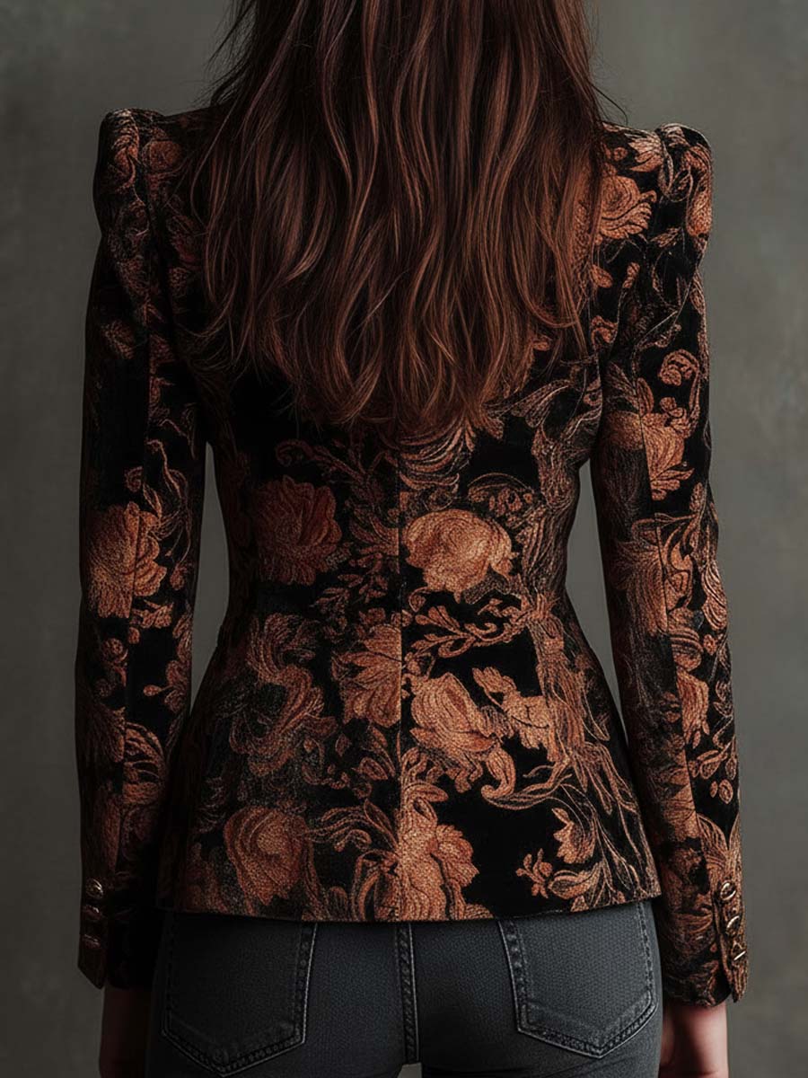 Bertille | Black and Bronze Floral Print Tailored Blazer