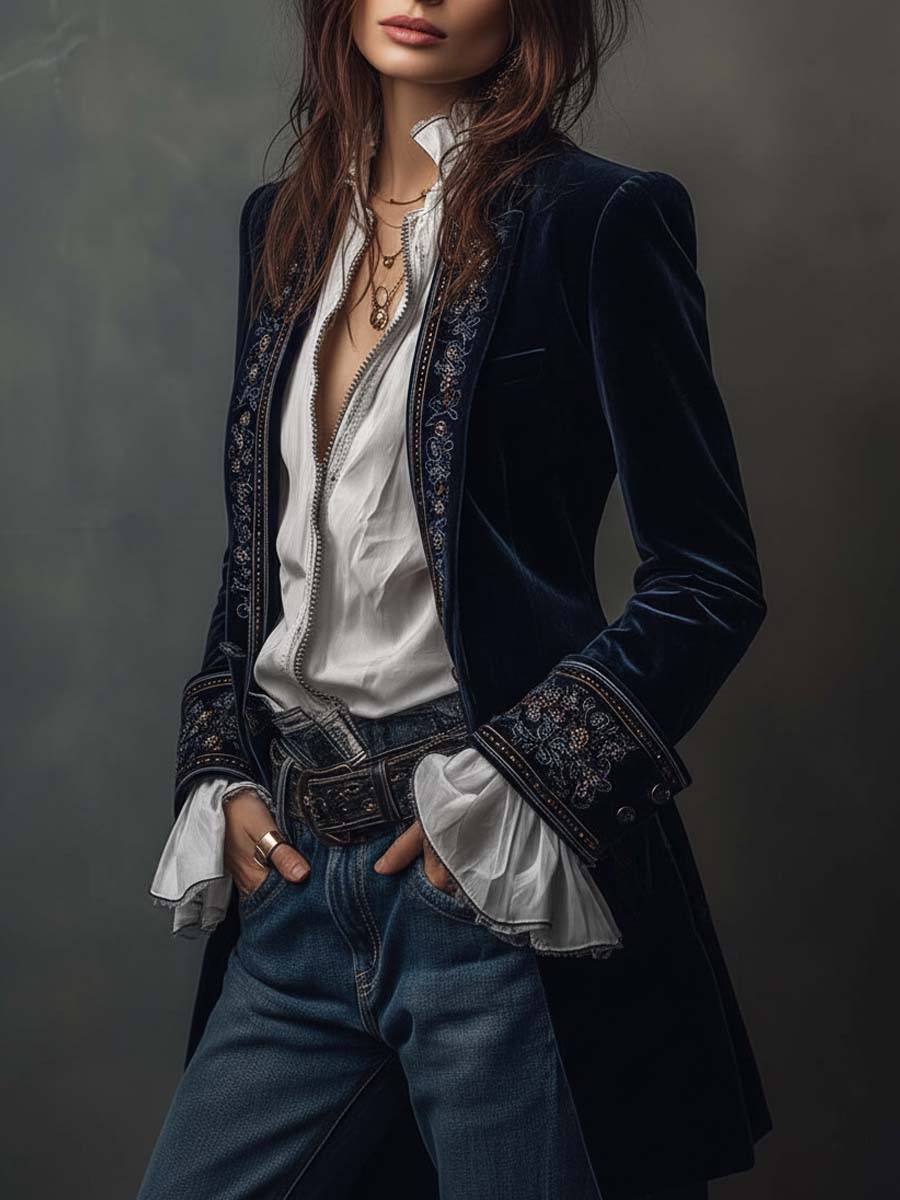 Athénaïs | Vintage Navy Blue Embroidered Long Jacket
