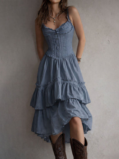 Retro Boho Corset Tiered Midi Dress With Lace Trim