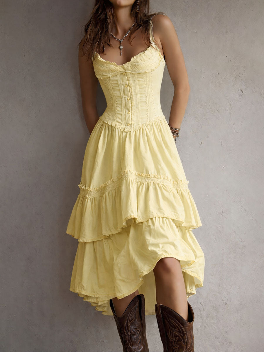 Retro Boho Corset Tiered Midi Dress With Lace Trim