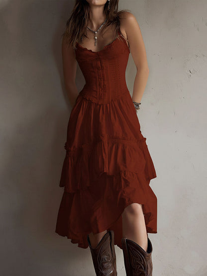Retro Boho Corset Tiered Midi Dress With Lace Trim