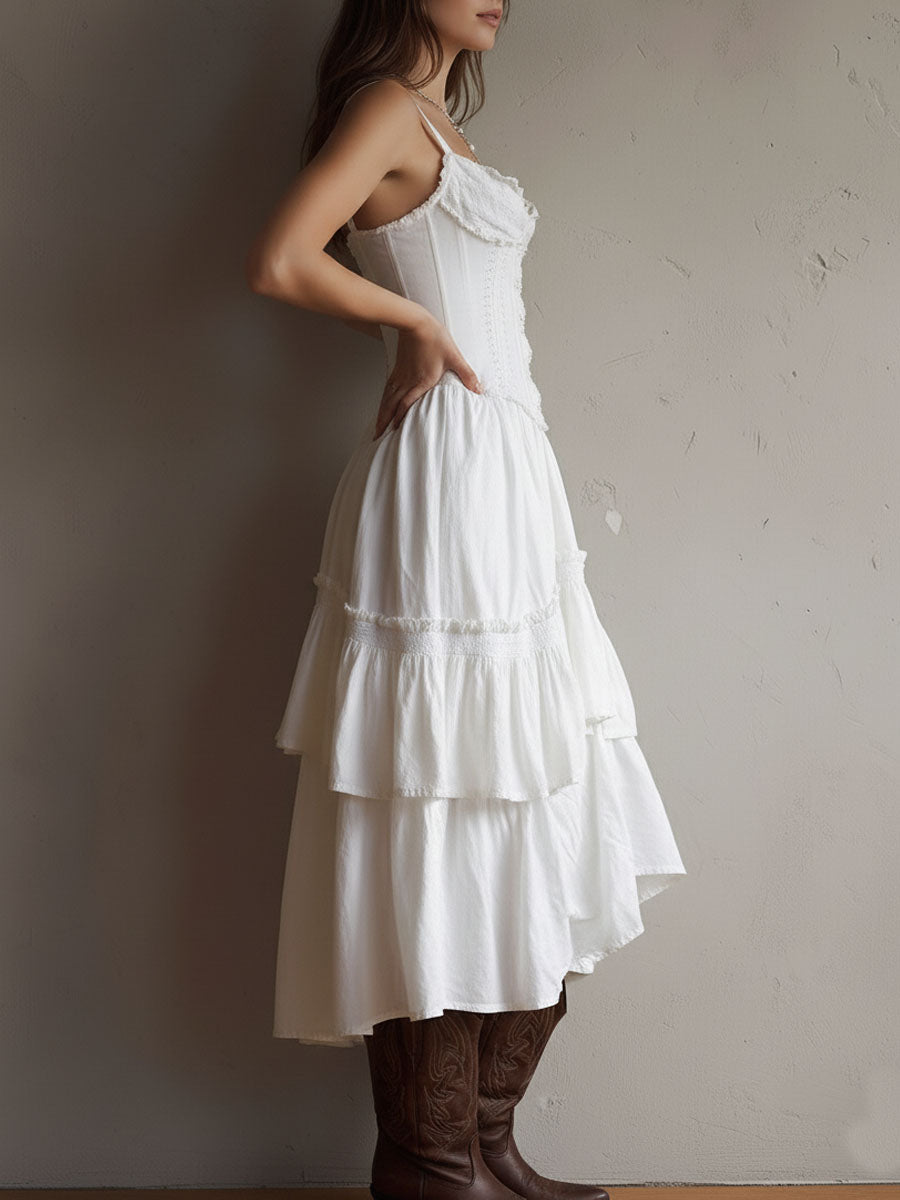 Retro Boho Corset Tiered Midi Dress With Lace Trim